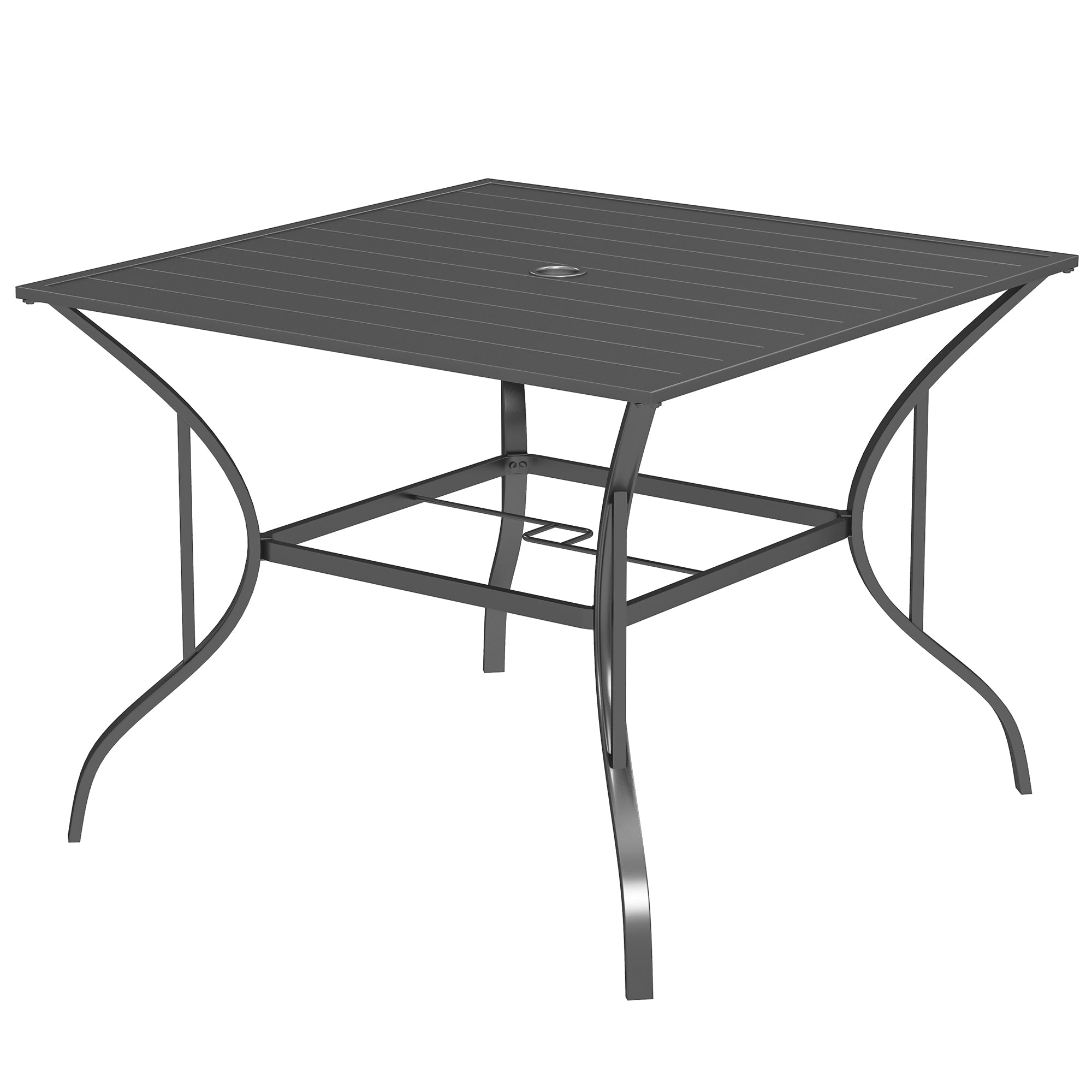 Square Outdoor Patio Dining Table, Garden Table with Umbrella Hole, Slatted Metal Top for Backyard, Poolside, Dark Grey