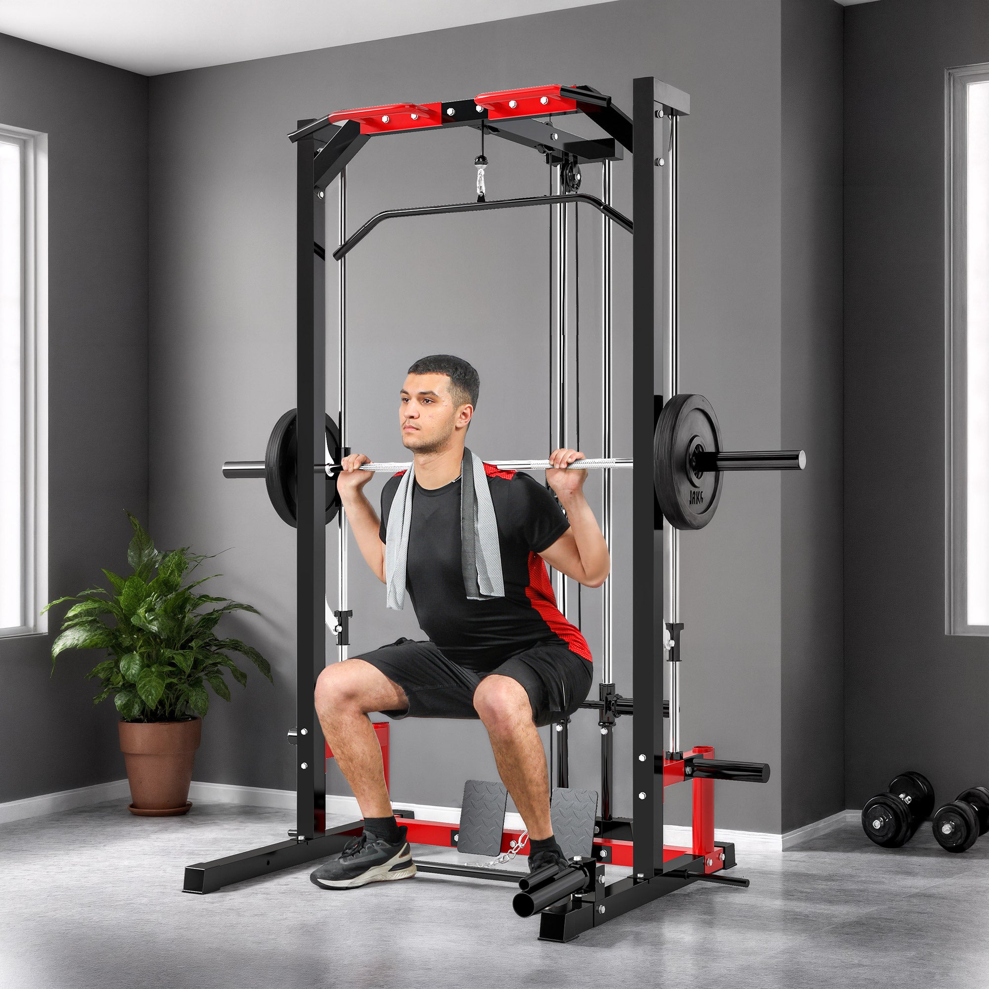 Soozier Smith Machine Power Rack with Pull Up Bar, Lat Pull Down System, Landmine, Squat Rack, Barbell Bar, for Home Gym