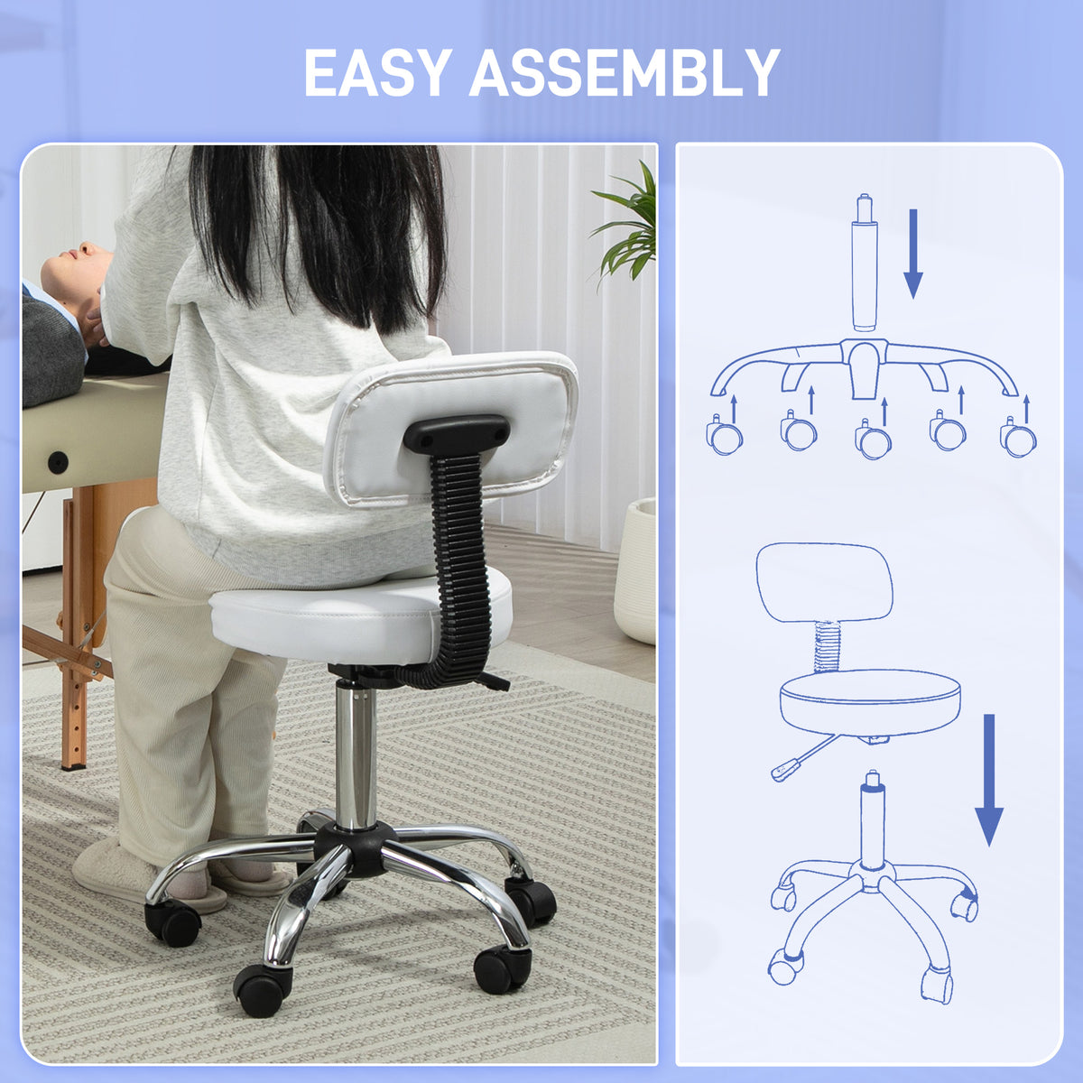 Adjustable Rolling Stool with Removable Backrest, Faux Leather Swivel ...