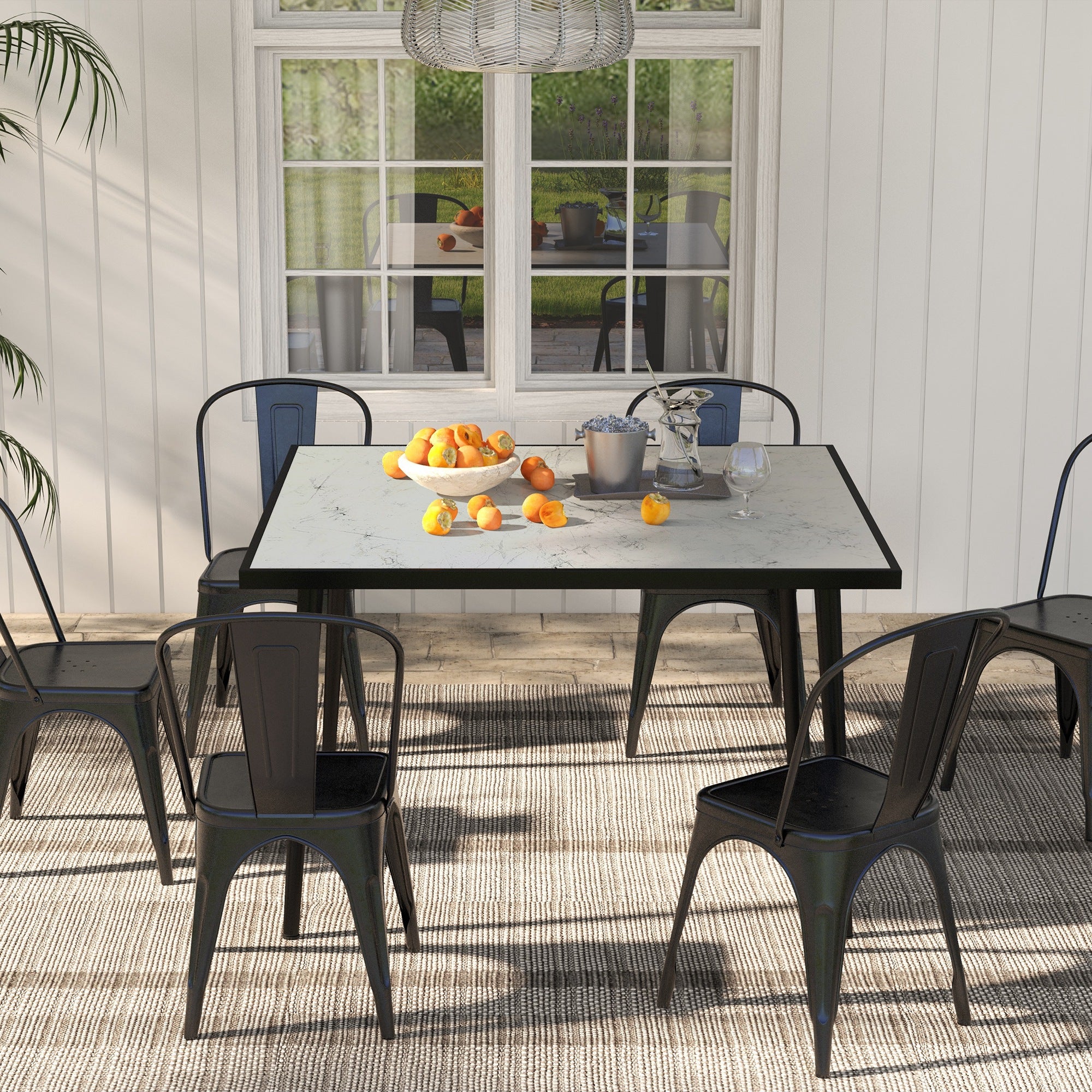 Outdoor Dining Table for 4, Square Patio Dining Table with Marble Effect Tempered Glass Top and Steel Frame, White