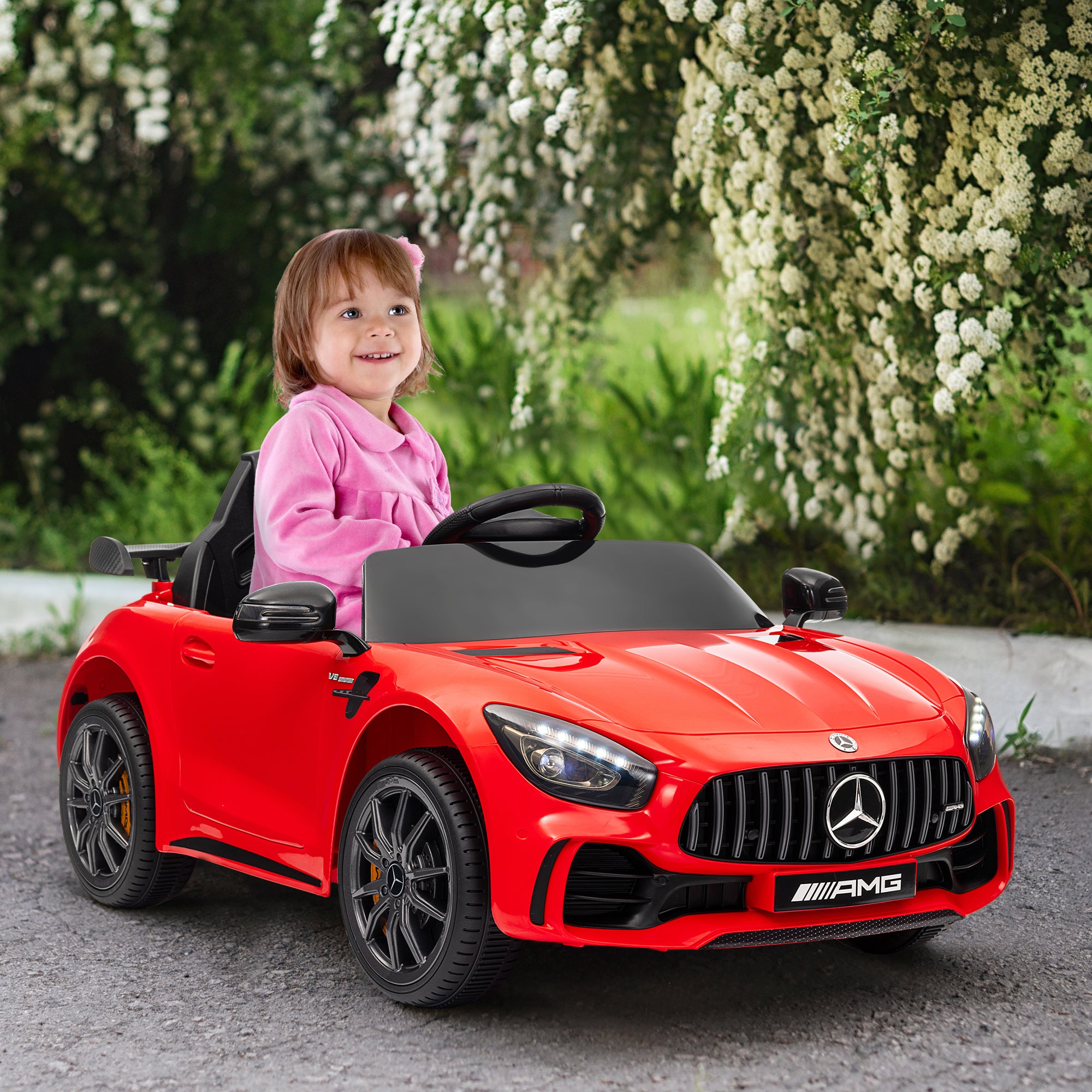 Qaba Mercedes-Benz AMG GTR Licensed 12V Battery Powered Kids Electric Car w/ Remote, Soft Start, Lights, Music Horn, Red