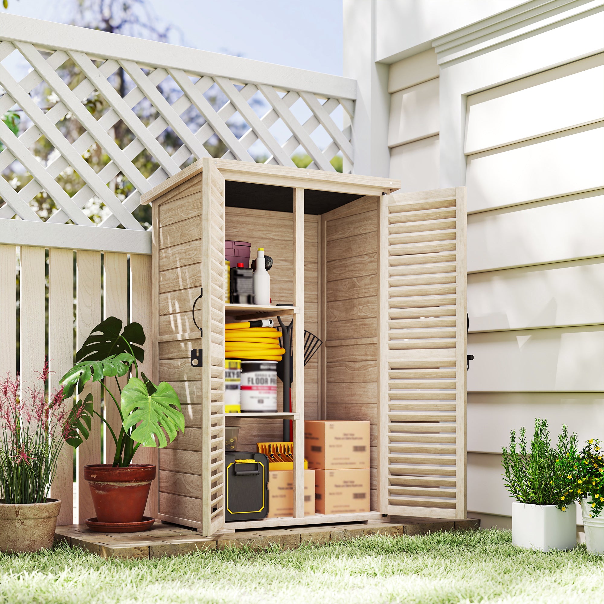 30" x 20" x 47" Wooden Garden Shed, Outdoor Storage Shed with Waterproof Asphalt Roof, Shelves, Natural
