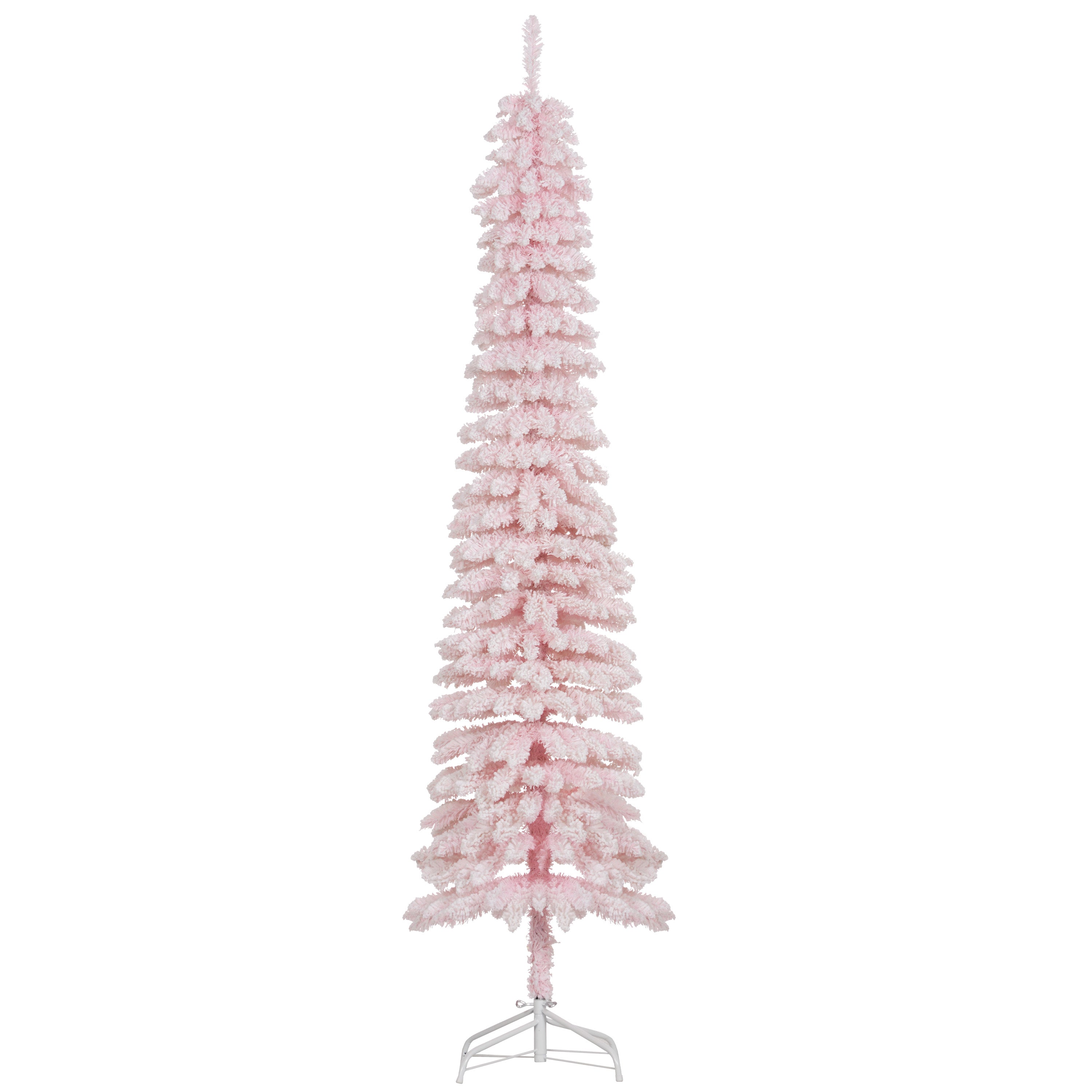 7ft Snow-Flocked Artificial Christmas Tree, Slim Pencil Xmas Tree with 490 Realistic Branches, Metal Base, Pink