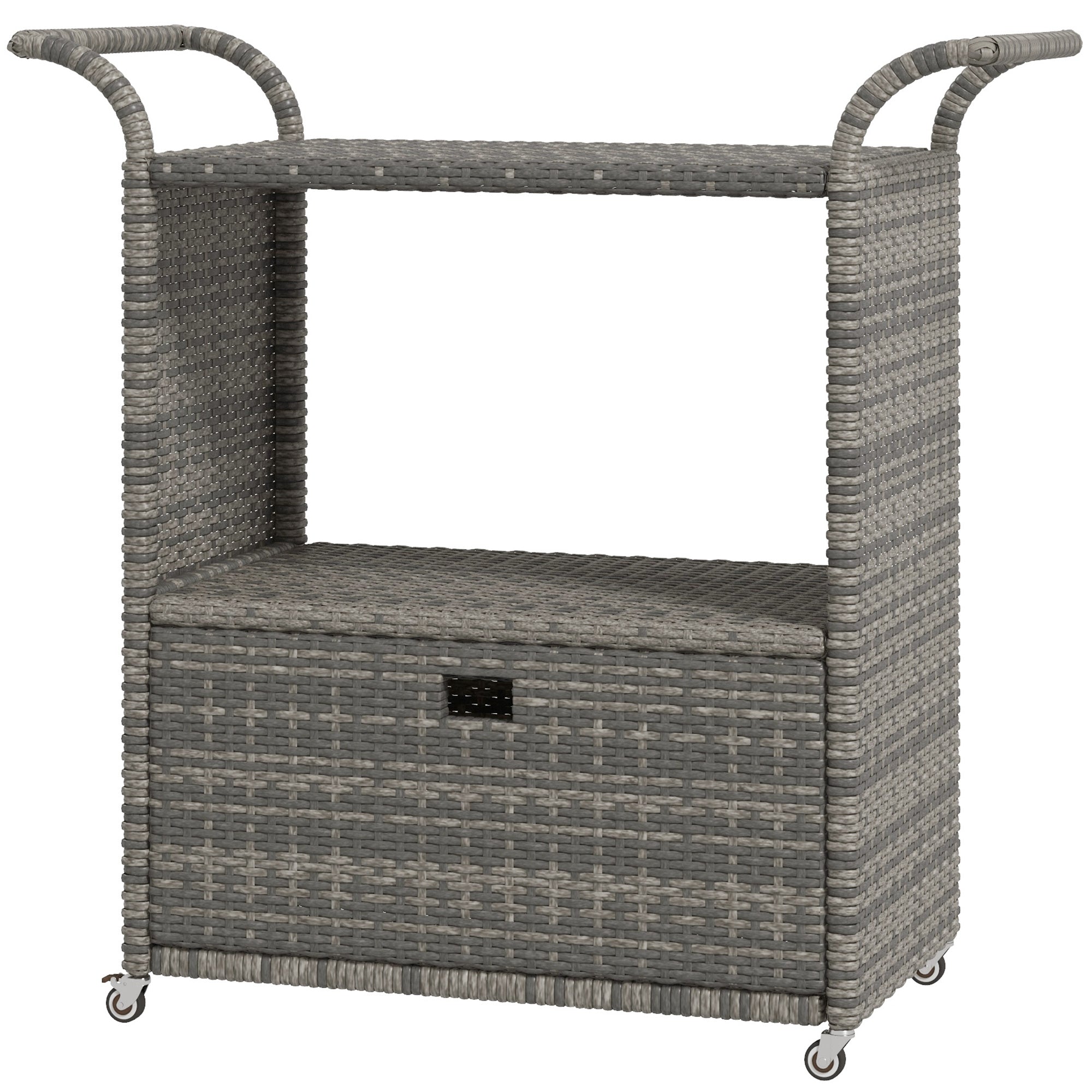 Patio PE Wicker Garden Serving Cart with 2-Tier Shelf, Outdoor Wheeled Rattan Food Cart with Drawer, Handles, for Poolside, Garden, Mixed Grey