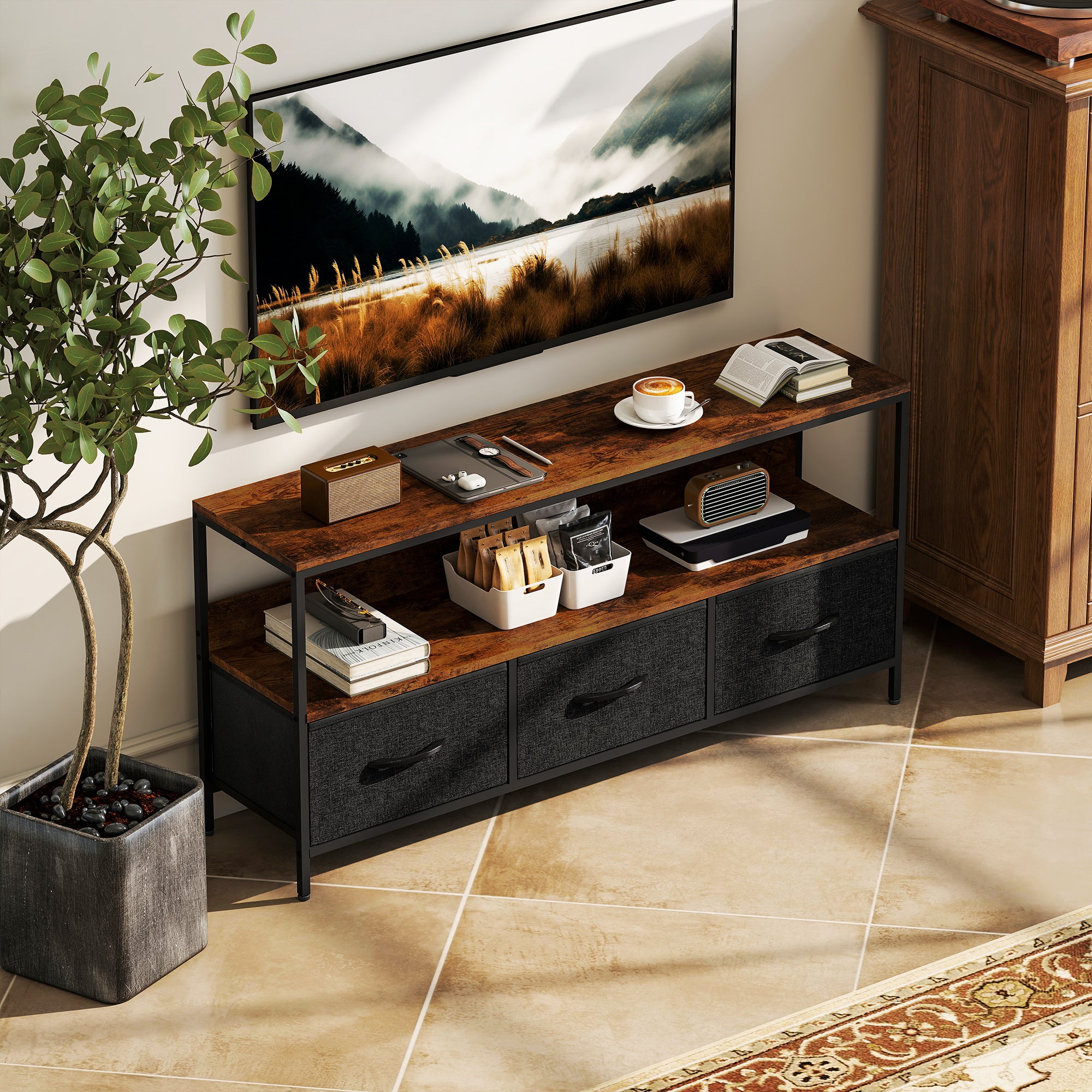 TV Stand with Charging Station, TV Table with 3 Foldable Linen Drawers and Open Shelf for 55 Inch Television, Rustic Brown