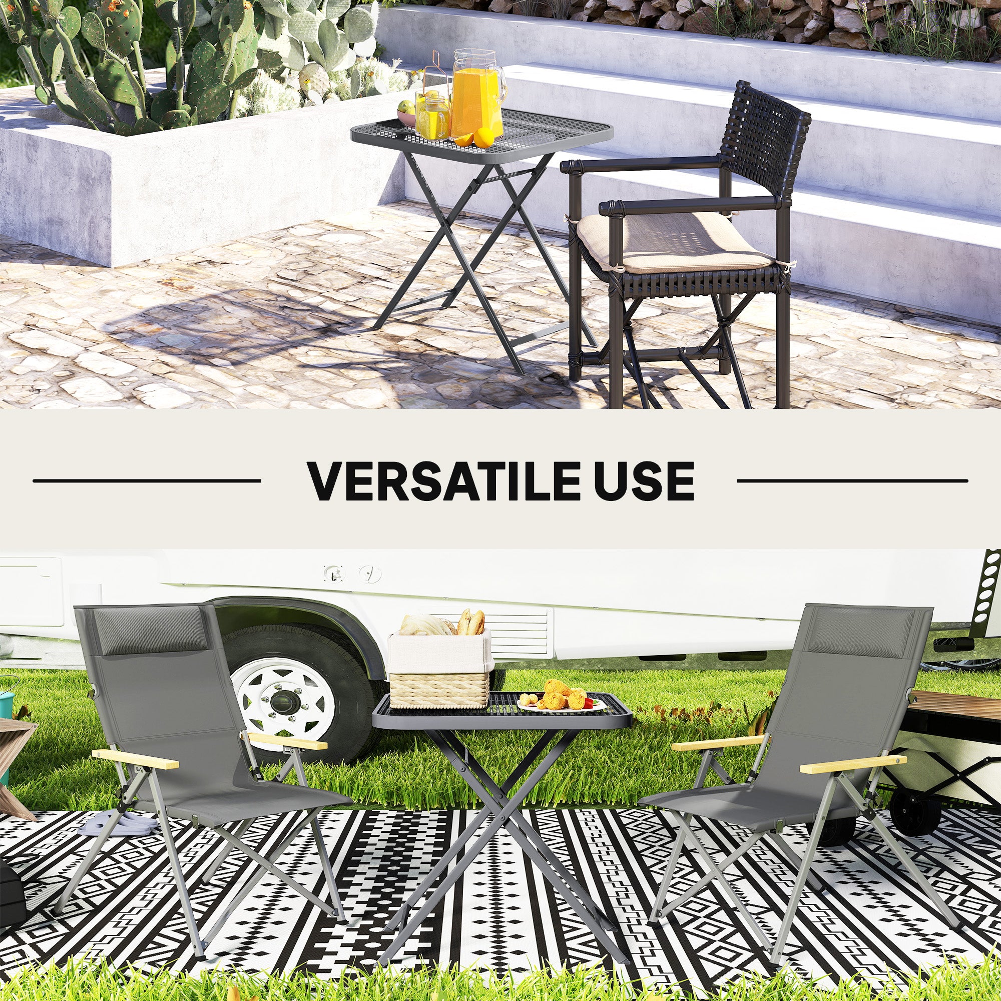 27.5" Square Outdoor Patio Table, Outdoor Folding Table with Grid Rattan-Like Top for Camping, Picnic, Light Grey