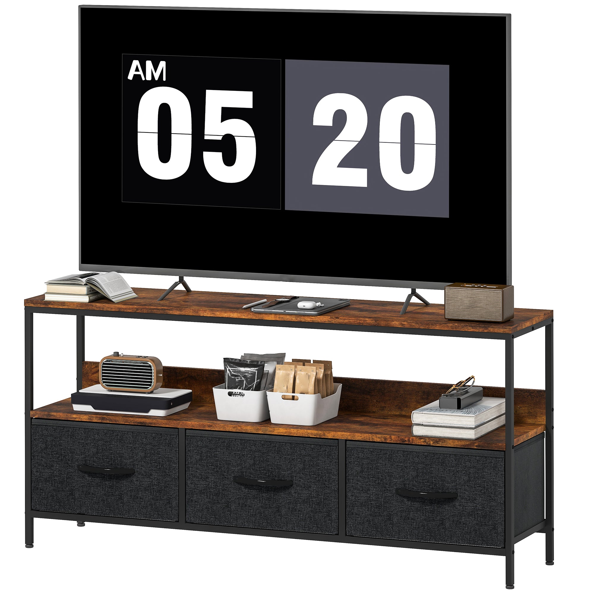 TV Stand with Charging Station, TV Table with 3 Foldable Linen Drawers and Open Shelf for 55 Inch Television, Rustic Brown