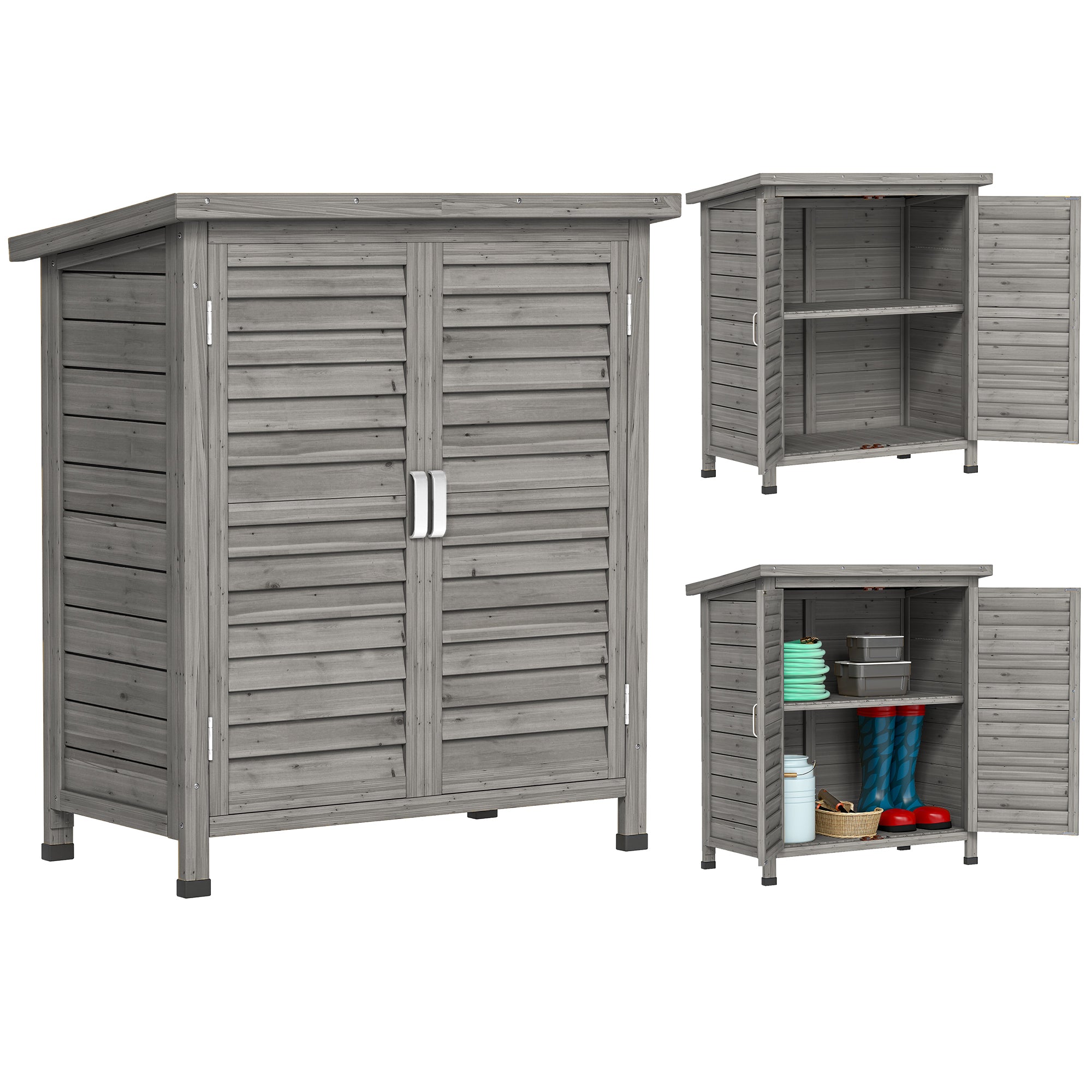 Wooden Garden Storage Shed Kit Wood Garage Tool Organisation Cabinet with 2 Door , 34" x 18" x 38", Grey