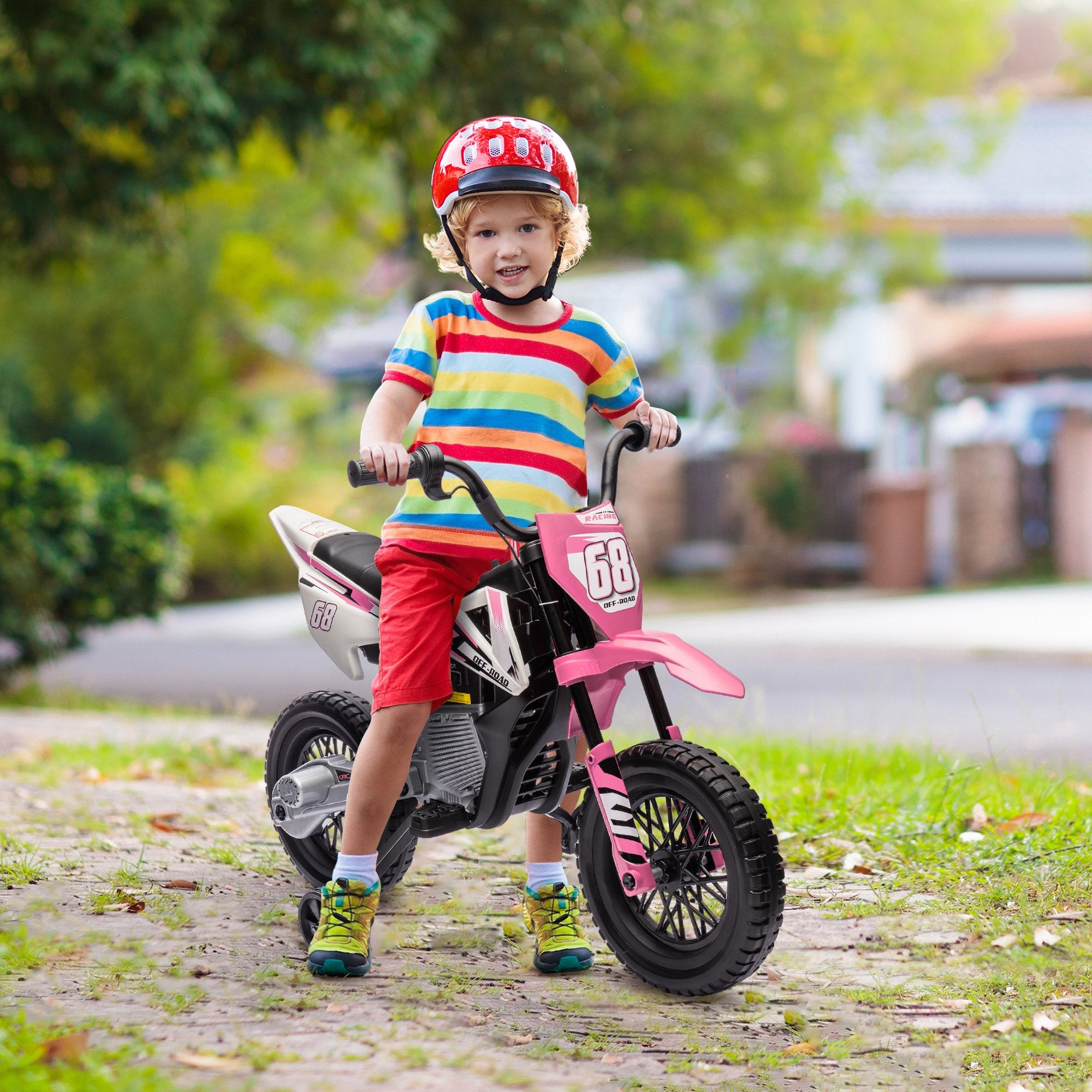 Qaba 12V Kids Dirt Bike, Electric Motorcycle with Twist Grip Throttle, Training Wheels, Rear Suspension & Music, Pink