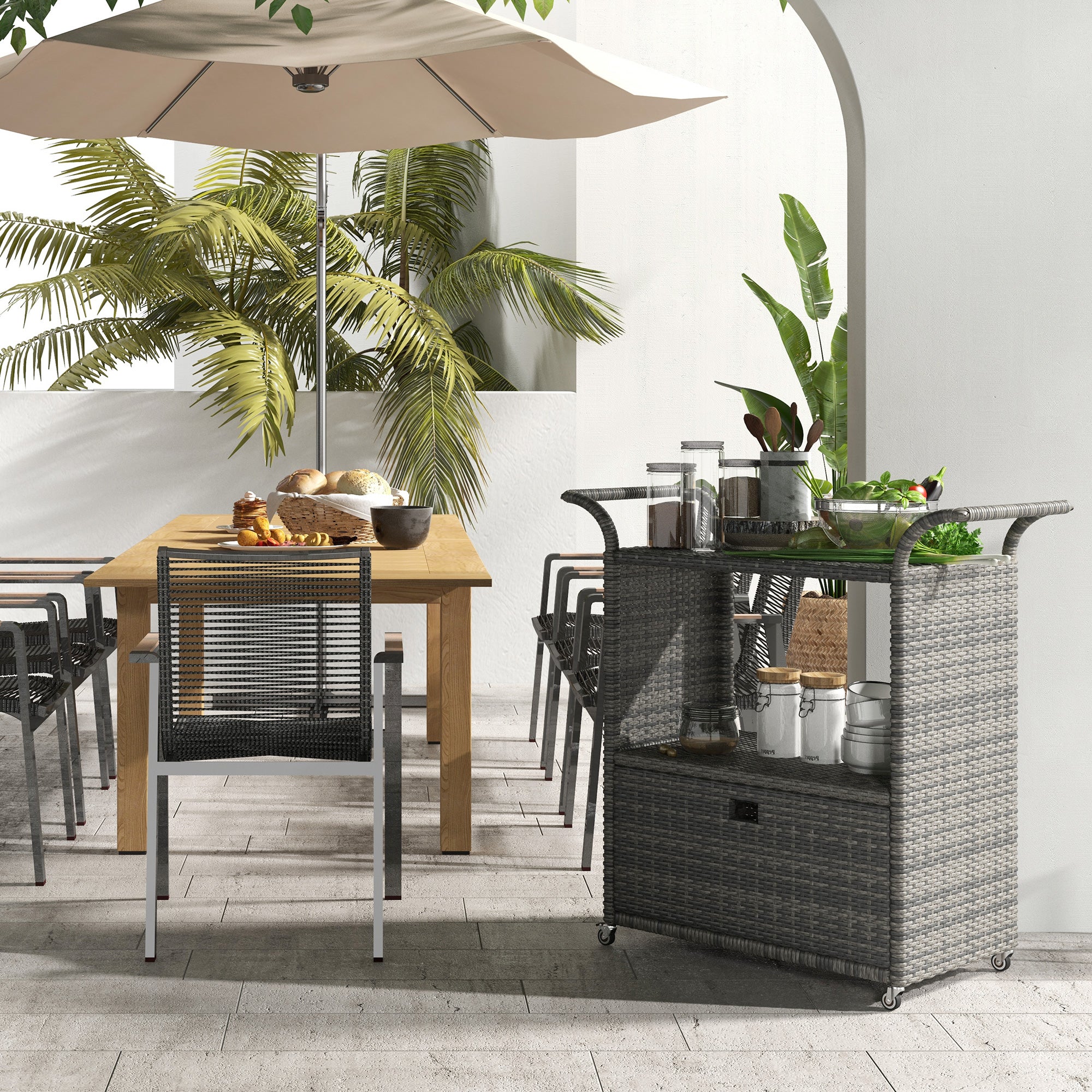 Patio PE Wicker Garden Serving Cart with 2-Tier Shelf, Outdoor Wheeled Rattan Food Cart with Drawer, Handles, for Poolside, Garden, Mixed Grey