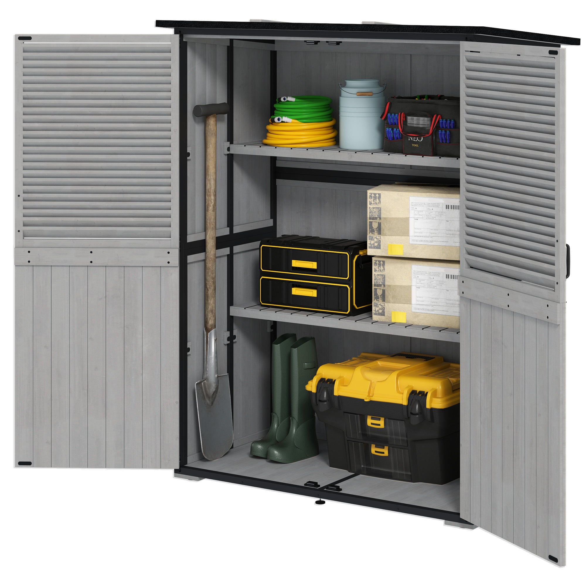 Outdoor Storage Cabinet, Wood Garden Shed with Steel Frame, Asphalt Roof, 2 Shelves and Lockable Doors, Grey