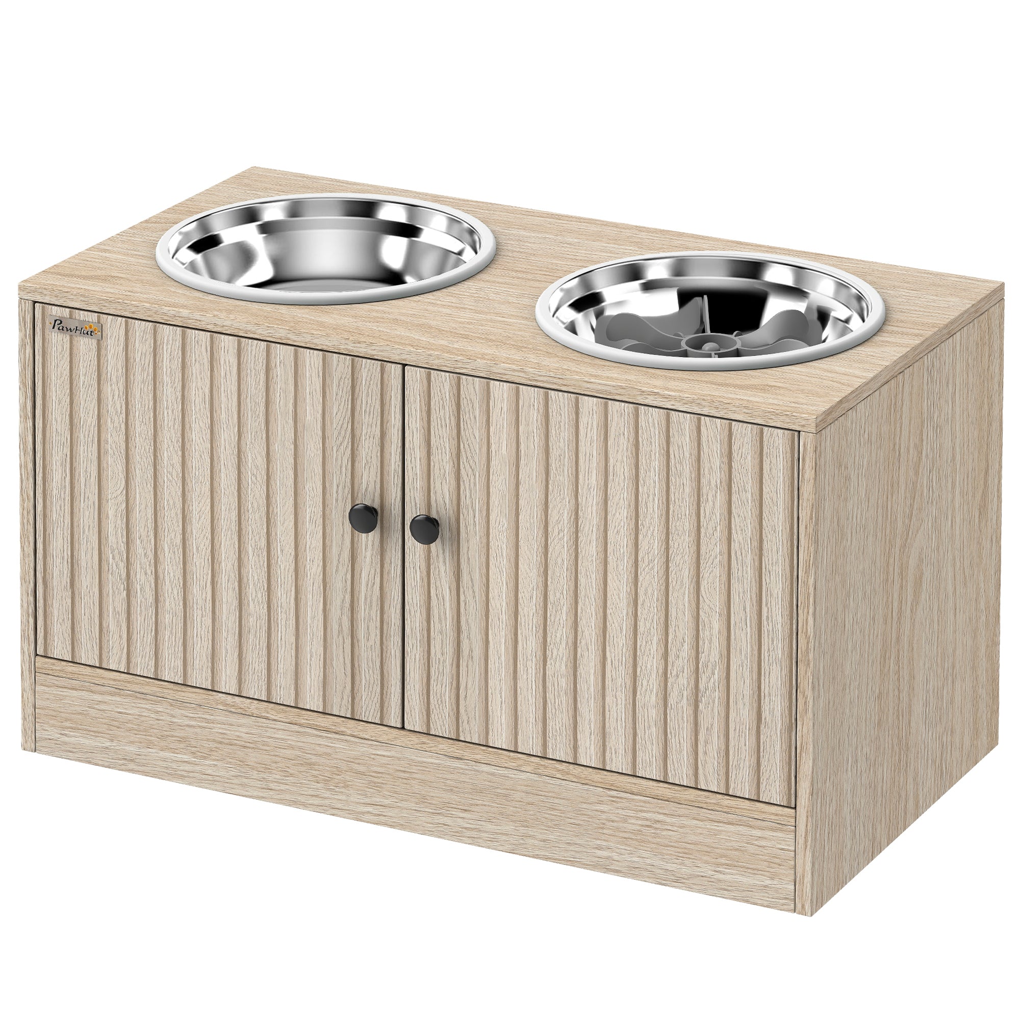 Raised Dog Bowls with Storage, Slow Feeder,  2 Stainless Steel Food and Water Bowl Non-Slip, Oak