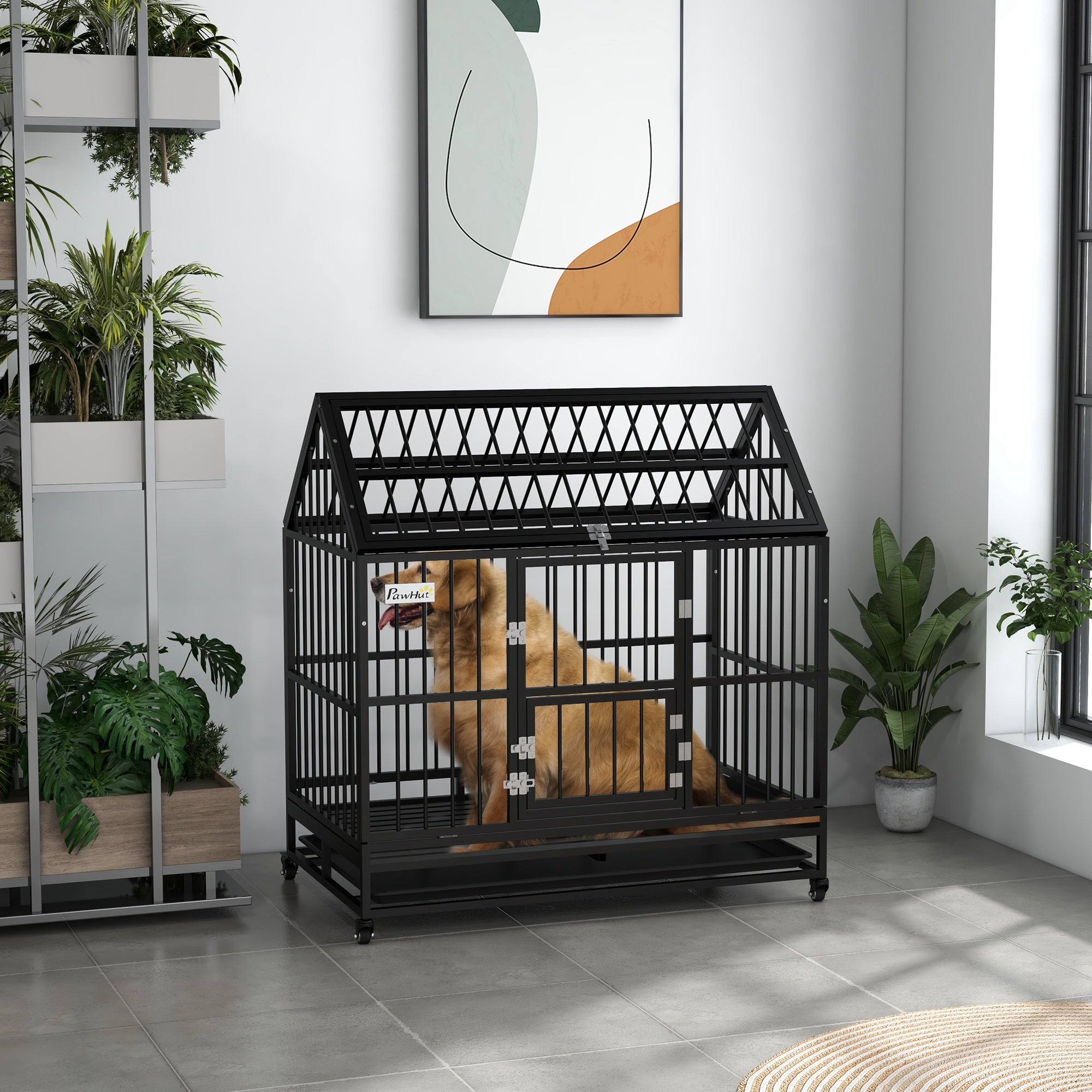 49" Heavy Duty Dog Crate with Removable Tray, Doors, Openable Roof, for Large and Extra Large Dogs, Black