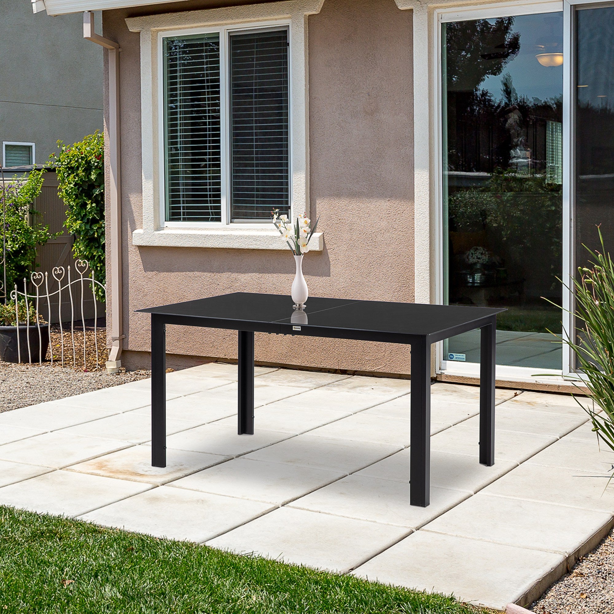Aluminium Outdoor Dining Table for 6, 59" x 35" Rectangle Patio Table with Tempered Glass Tabletop, for Garden, Backyard, Lawn, Balcony, Black