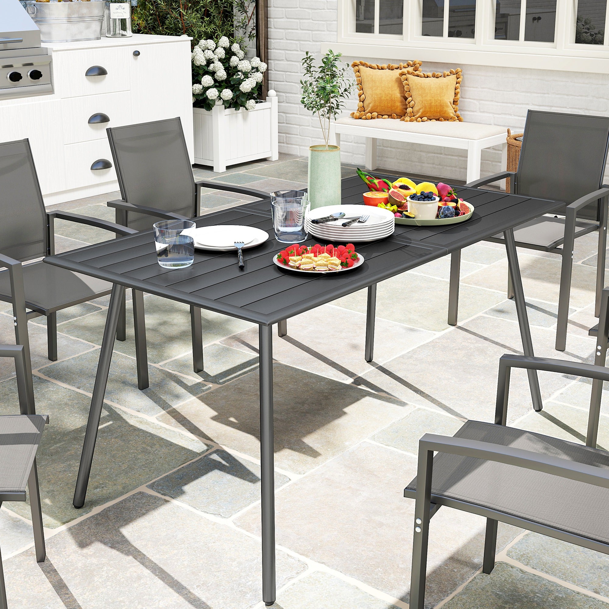 Rectangle Patio Dining Table for 6 Person, Metal Steel Slat Outdoor Table, for Lawn, Garden, 59" x 31.5" x 29", Grey