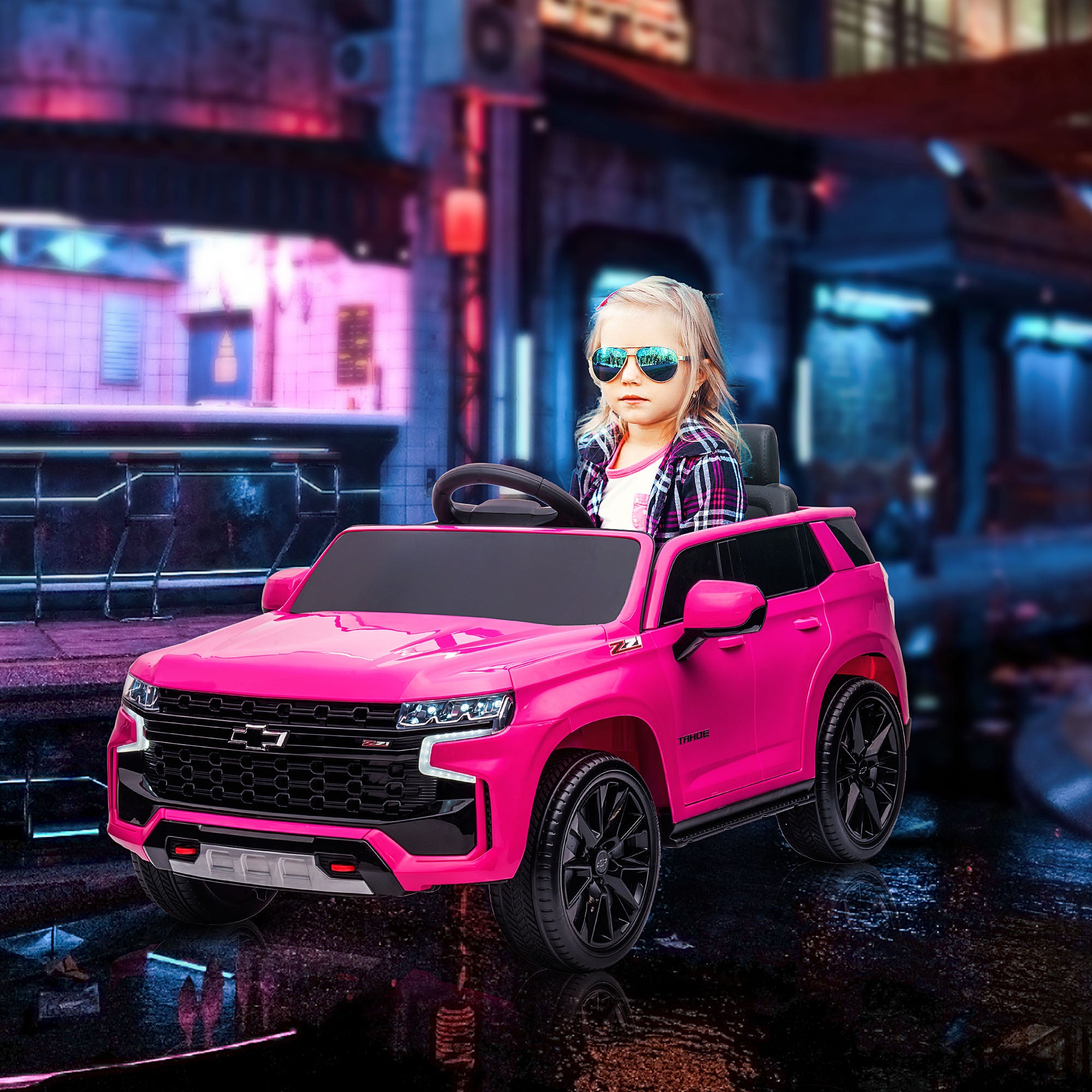 Aosom Licensed Chevrolet Tahoe Kids Ride on Car, 12V 7AH Toddler Electric Car with Parent Remote Control, 3 Speeds, Spring Suspension, LED Light, Horn, Music, Pink