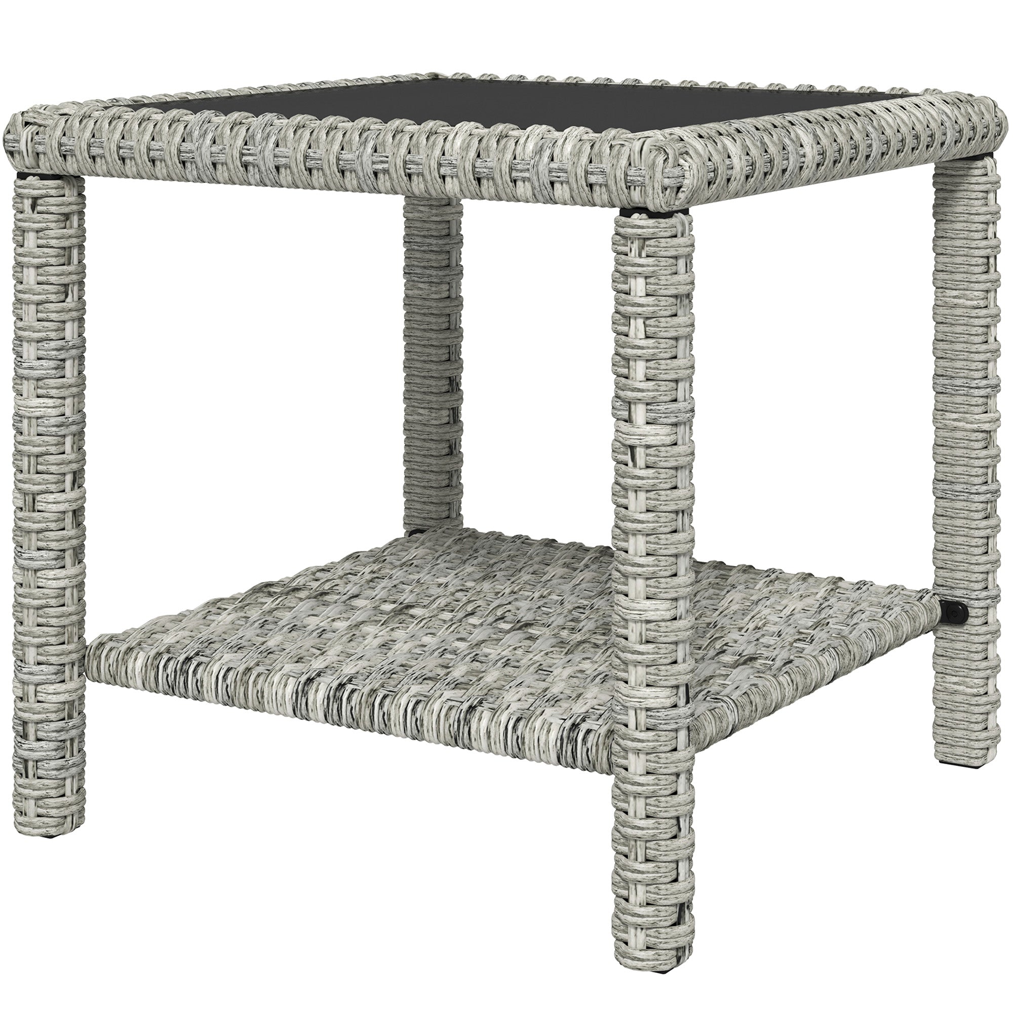 19" Outdoor Wicker Coffee Table with Glass Top, Storage Shelf for Garden Porch Balcony Deck, Dark Grey