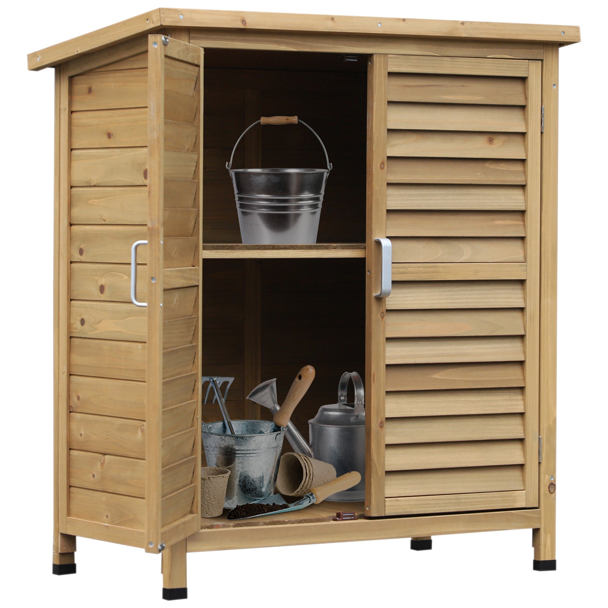 Wooden Garden Storage Shed Kit Wood Garage Tool Organisation Cabinet with 2 Door , 34" x 18" x 38", Natural