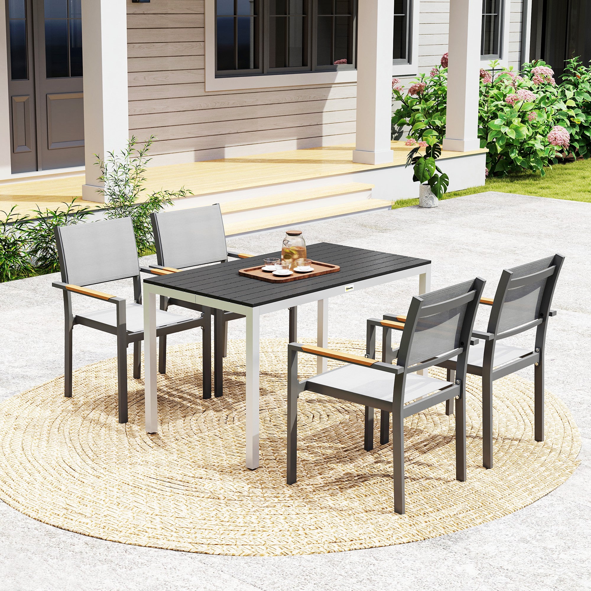 Outdoor Dining Table for 4-6 with Easy Maintenance Slatted Top, Rust-Resistant Aluminium Frame, Black
