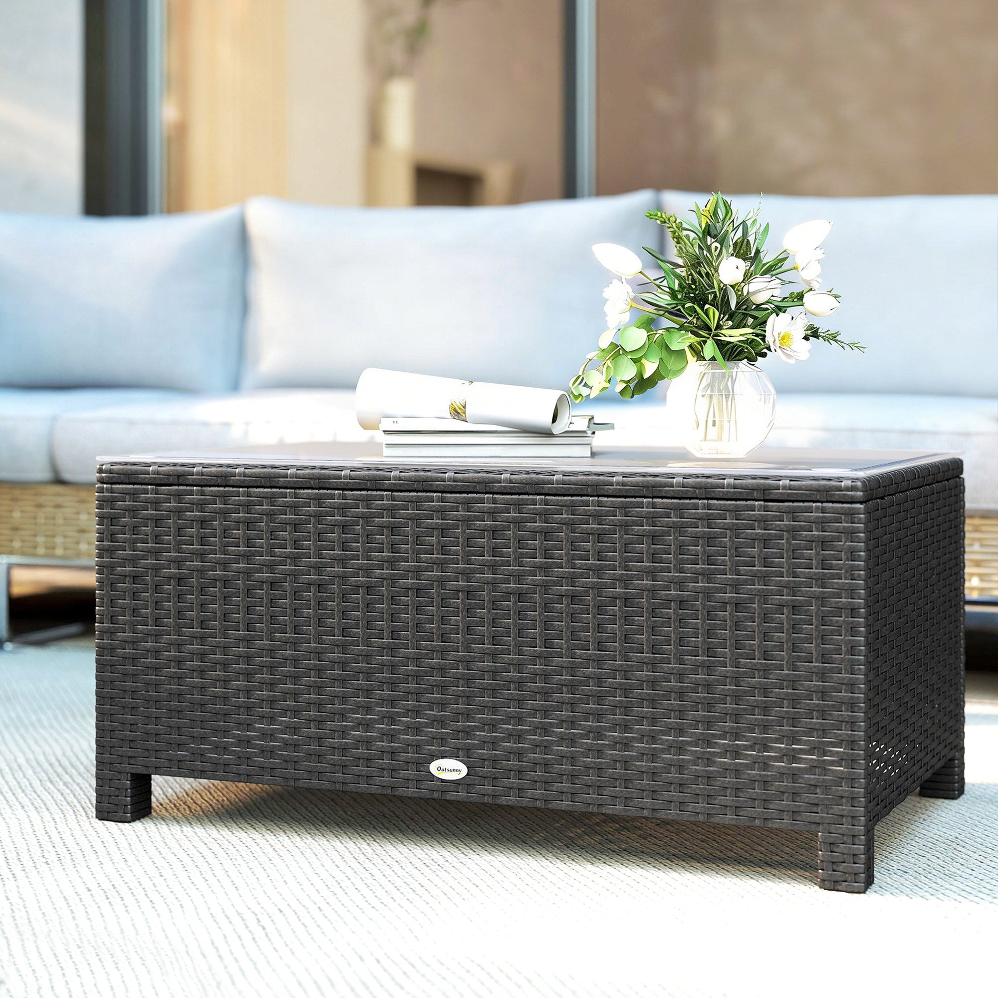PE Wicker Outdoor Coffee Table with Glass Top Garden Patio Table, Dark Grey